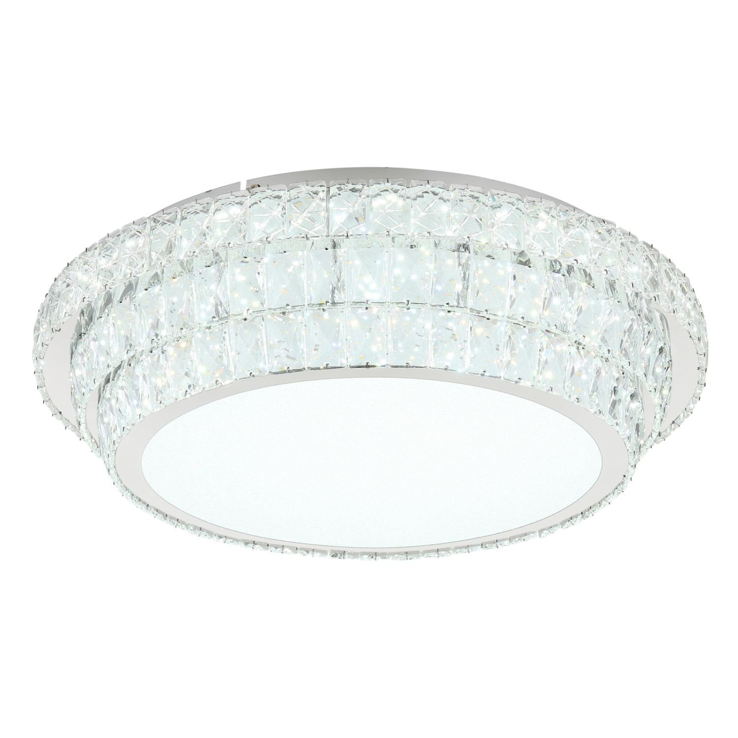 Lampa sufitowa o okrągłym kształcie z kryształowymi elementami na obwodzie. Centralna część lampy jest gładka i jednolicie biała.