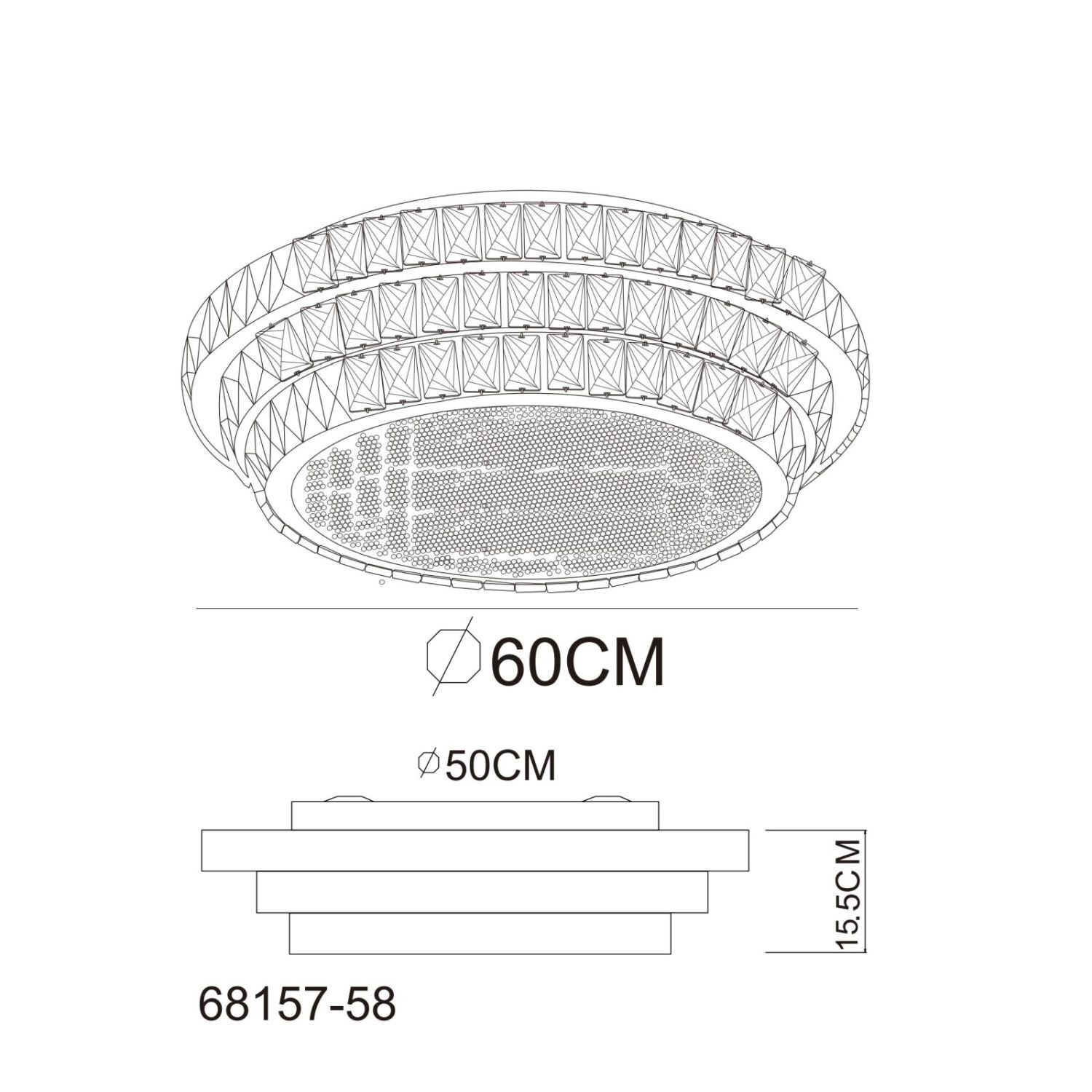 Schemat lampy sufitowej z kryształowym wykończeniem, o średnicy 60 cm i wysokości 15,5 cm. Widoczne oznaczenie modelu: 68157-58.