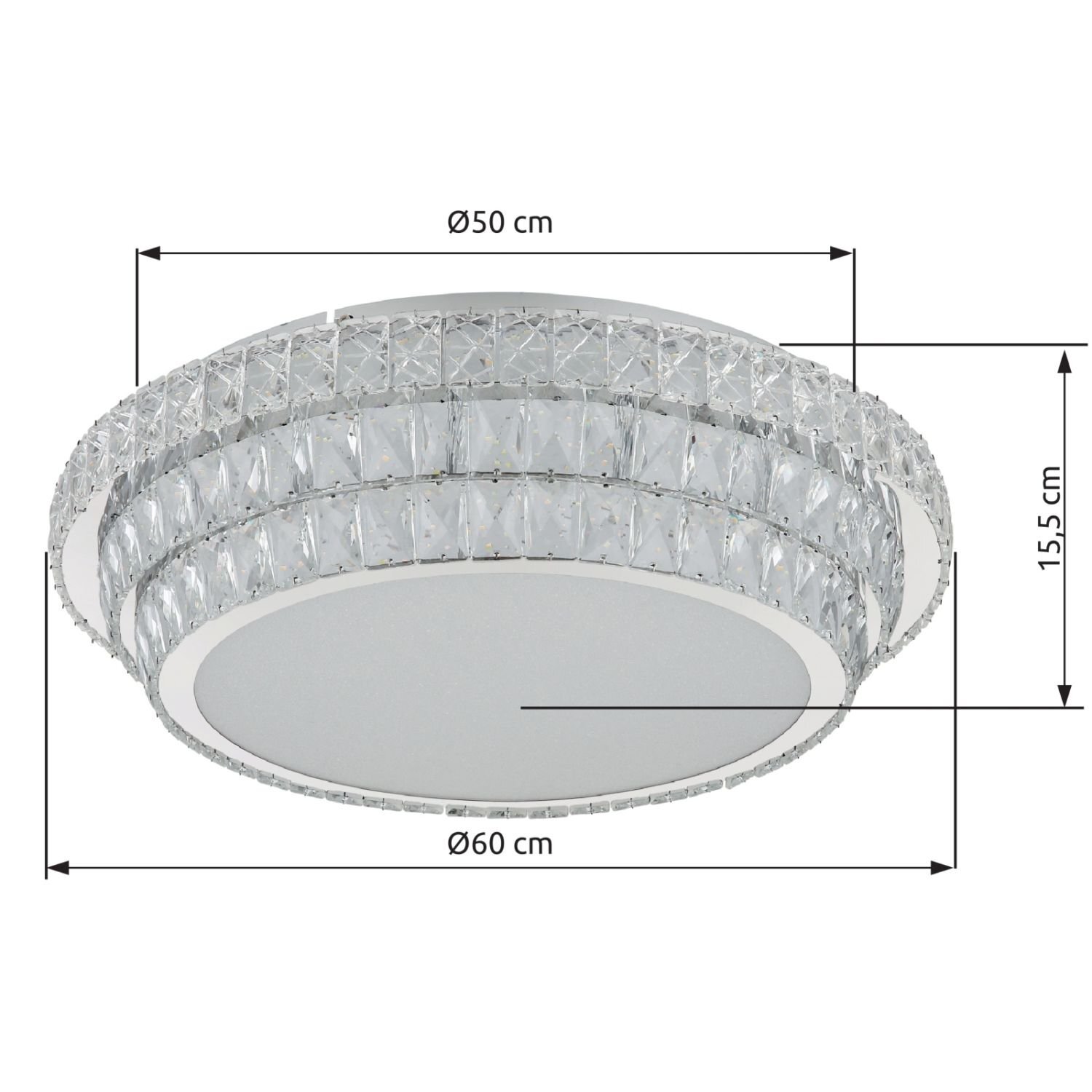 Lampa sufitowa o średnicy 60 cm i wysokości 15,5 cm, z kryształowymi elementami dekoracyjnymi. Widoczne są wymiary: Ø50 cm i Ø60 cm.