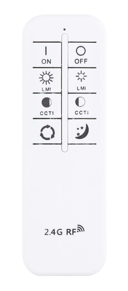 Biały pilot z przyciskami oznaczonymi symbolami i tekstem: \'ON\', \'OFF\', \'LMI\', \'CCTI\', oraz \'2.4G RF\'.