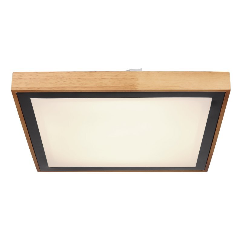 Kwadratowy plafon LED z drewnianą ramą i czarnym matowym wykończeniem, emitujący jasne światło. Produkt ma nowoczesny design i prostą formę.