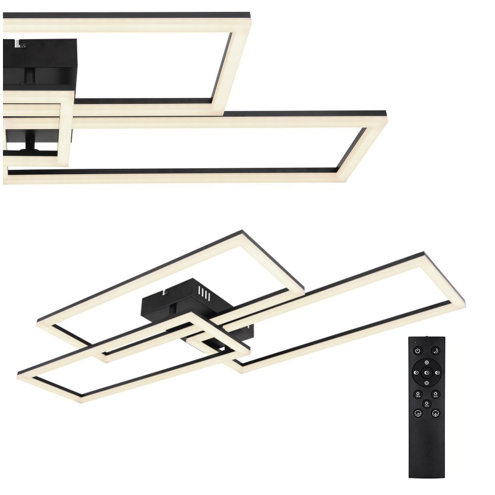 Lampa sufitowa LED o nowoczesnym designie z czarnymi ramkami i prostokątnymi elementami świetlnymi. Obok lampy widoczny jest czarny pilot z przyciskami.