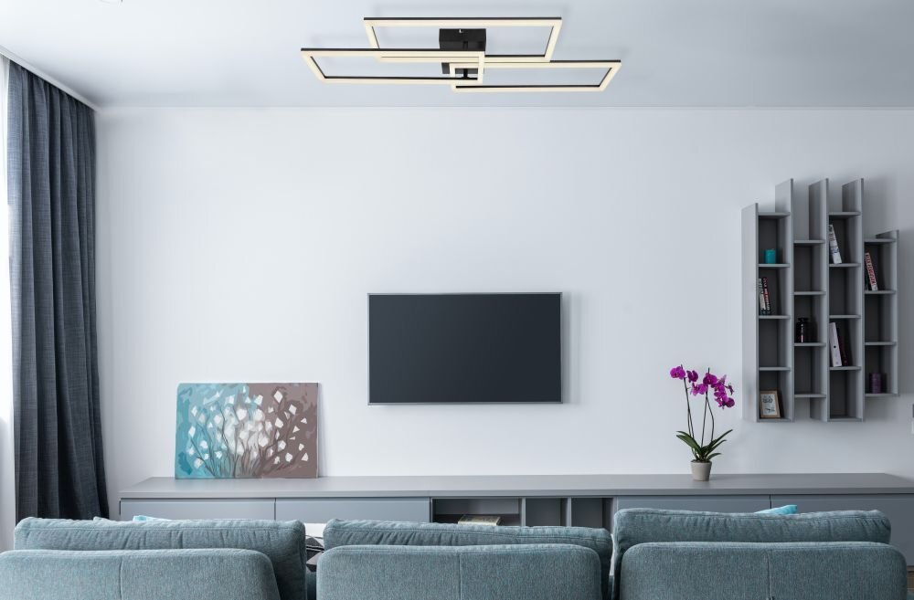 Nowoczesny salon z szarą sofą, telewizorem na ścianie i lampą sufitową o geometrycznym kształcie. Na półce znajduje się fioletowy kwiat w doniczce oraz kilka książek na regale.
