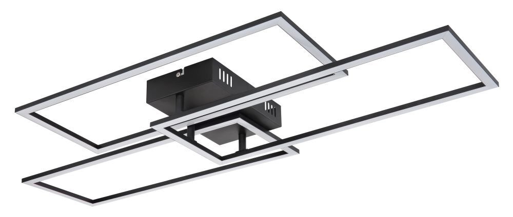 Lampa sufitowa LED o nowoczesnym designie, składająca się z trzech prostokątnych ram w kolorze czarnym. Centralna część lampy jest większa i zawiera elementy montażowe.