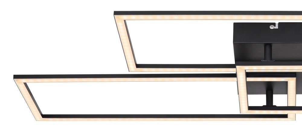 Lampa sufitowa LED o nowoczesnym designie, składająca się z trzech prostokątnych ram z czarnymi krawędziami i wbudowanymi diodami LED. Centralna część lampy jest czarna i prostokątna.