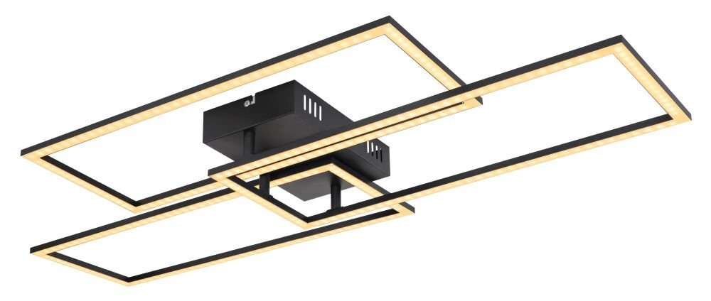 Czarna lampa sufitowa LED o geometrycznym kształcie z prostokątnymi ramami emitującymi światło. Centralna część lampy jest większa i zawiera elementy montażowe.