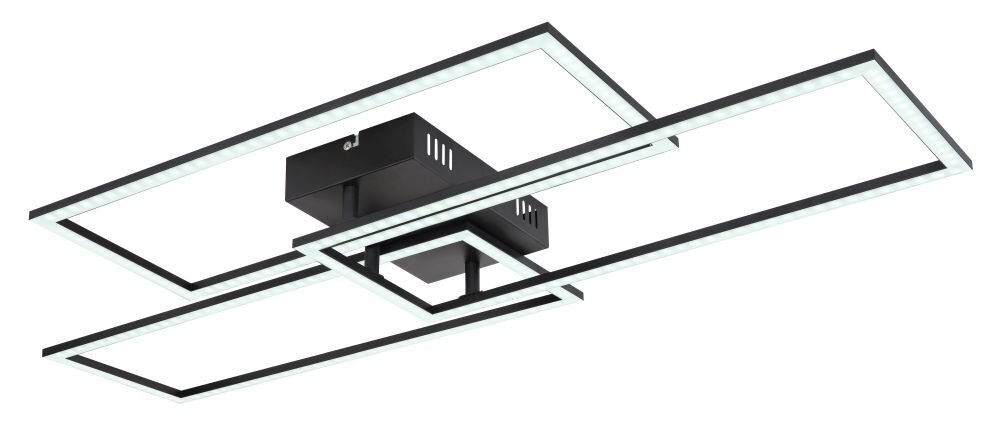 Czarna lampa sufitowa LED o nowoczesnym designie, składająca się z trzech prostokątnych ram połączonych centralnym modułem. Lampa posiada funkcję ściemniania i regulacji temperatury barwowej światła.