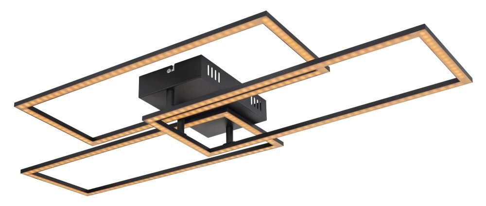 Lampa sufitowa LED o nowoczesnym designie, składająca się z dwóch prostokątnych ram w kolorze czarnym z wbudowanym oświetleniem. Centralna część lampy jest większa i zawiera elementy montażowe.