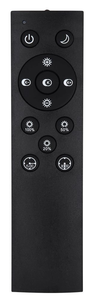 Czarny pilot z kilkoma przyciskami, w tym symbolami żarówki i księżyca oraz oznaczeniami procentowymi 100%, 50%, 20% i czasowymi 15\'00, 30\'00.