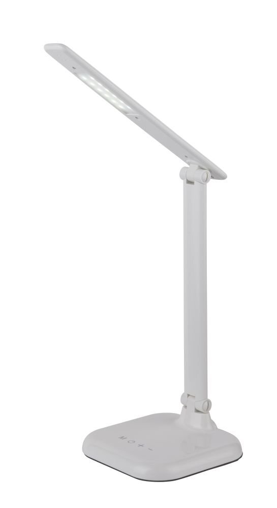 Biała, regulowana lampa biurkowa LED z prostokątną podstawą i dotykowym panelem sterowania. Lampa posiada smukły, nowoczesny design z możliwością regulacji kąta nachylenia.