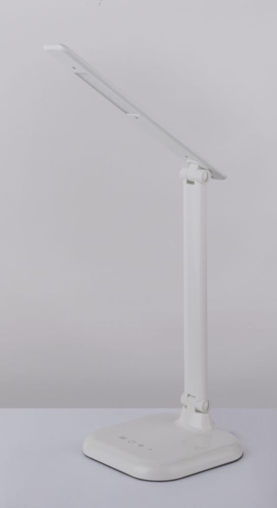 Biała, regulowana lampa biurkowa LED z prostokątną podstawą i smukłym ramieniem. Na podstawie widoczne są przyciski dotykowe.
