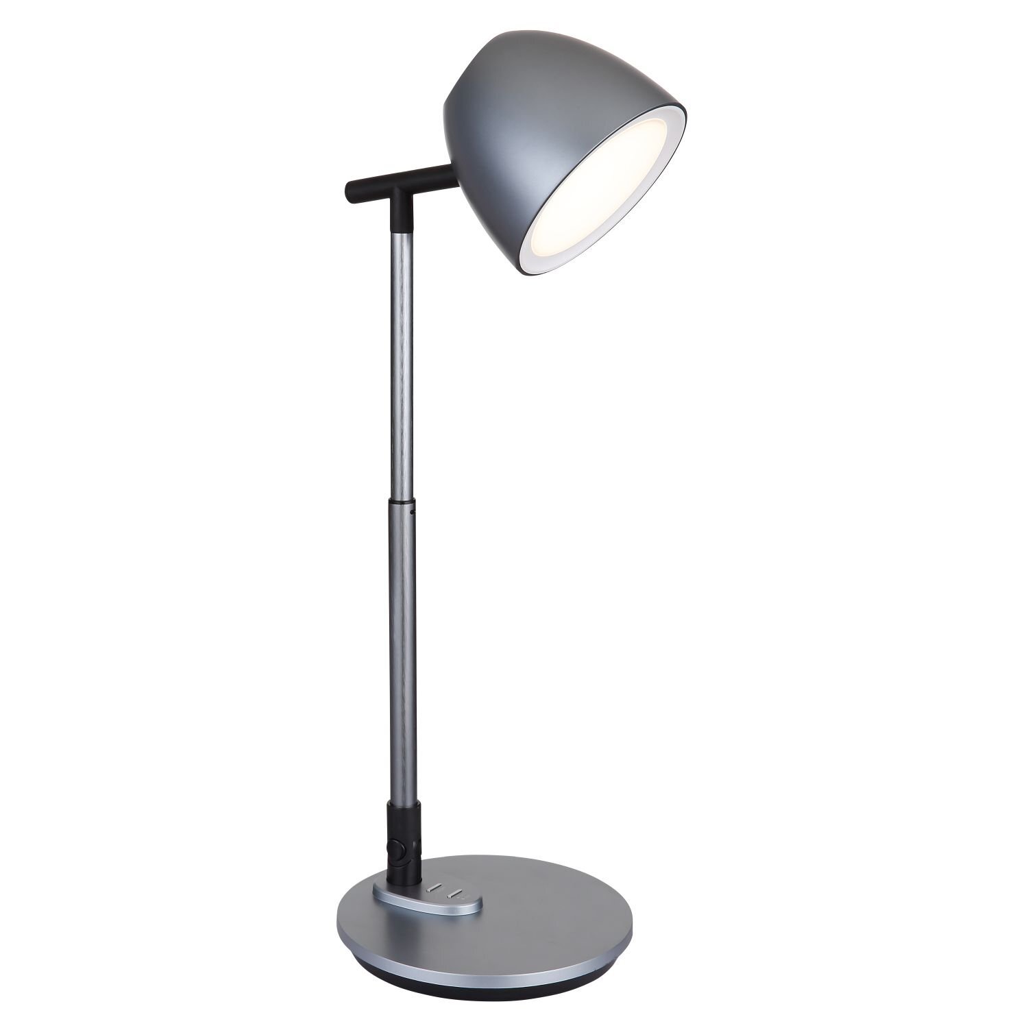 Na obrazie widoczna jest nowoczesna lampa biurkowa LED z metalowym korpusem i okrągłą podstawą. Klosz lampy jest skierowany w dół, a całość utrzymana jest w szarym kolorze.