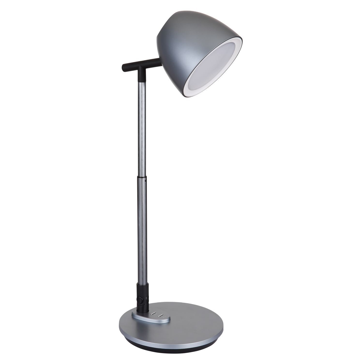 Na obrazie widoczna jest nowoczesna lampa biurkowa LED z metalowym korpusem i okrągłą podstawą. Klosz lampy jest skierowany w dół, a całość utrzymana jest w szarym kolorze.