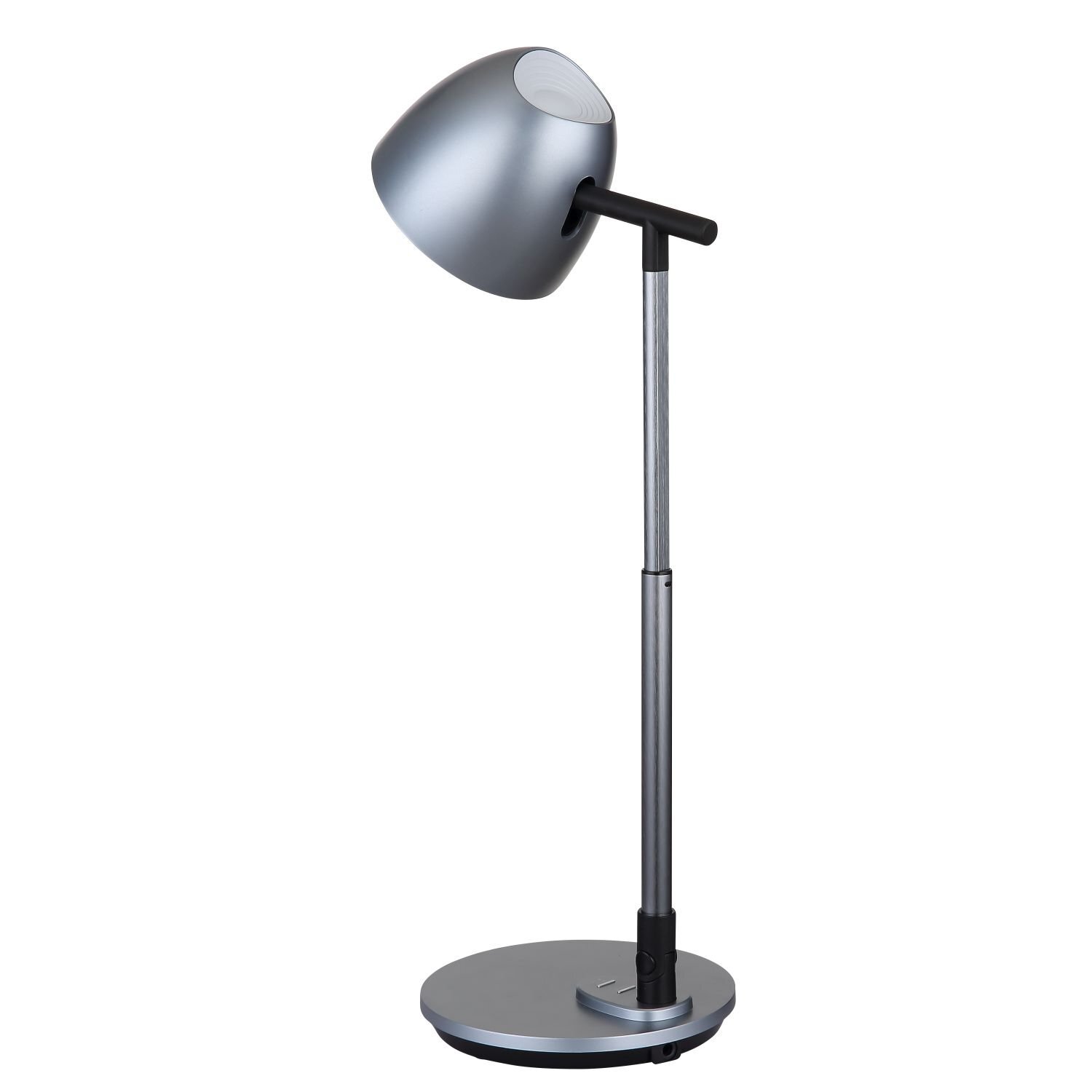 Nowoczesna lampa biurkowa LED w kolorze srebrnym z okrągłym kloszem i regulowanym ramieniem. Podstawa lampy jest okrągła i stabilna.