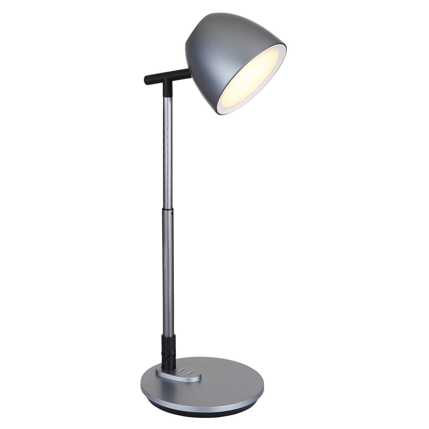Nowoczesna lampa biurkowa LED z metalowym korpusem i okrągłą podstawą. Klosz lampy jest skierowany w dół, emitując ciepłe światło.