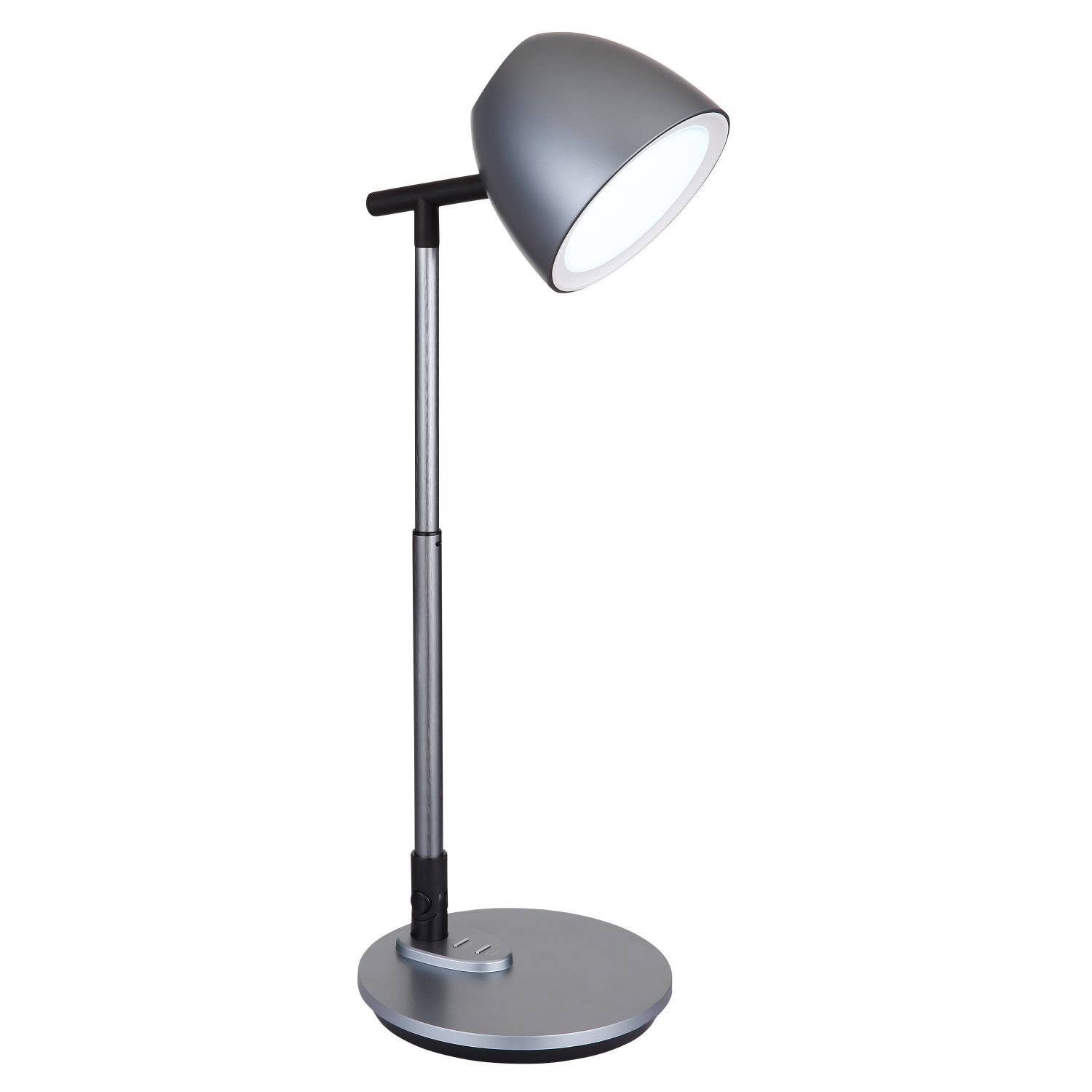 Nowoczesna lampa biurkowa LED z metalowym ramieniem i okrągłą podstawą. Klosz lampy jest w kolorze szarym, a całość ma minimalistyczny design.