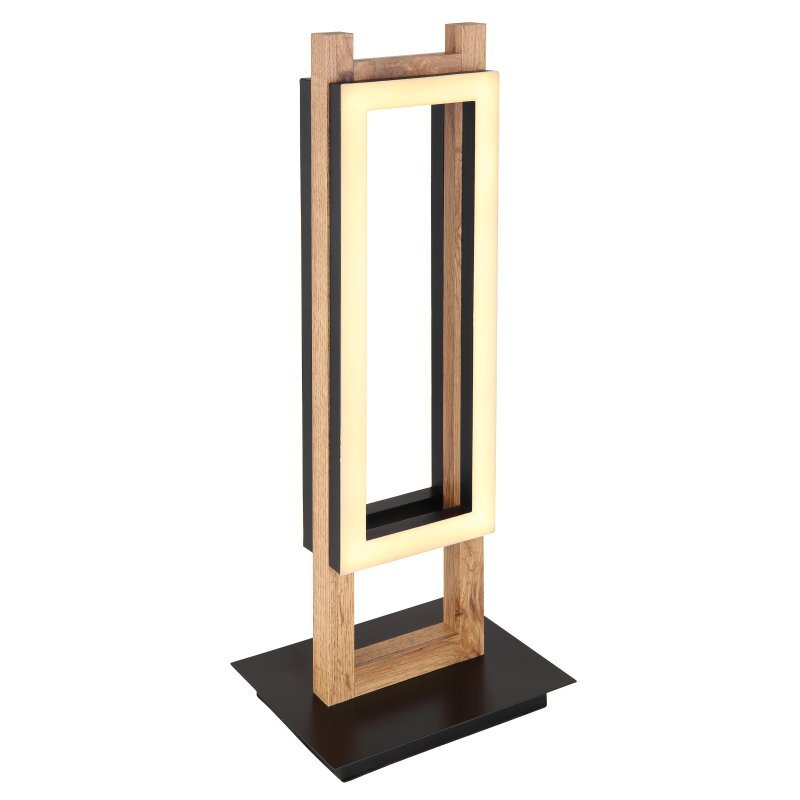 Lampa stołowa LED o nowoczesnym designie, z prostokątną ramą w kolorze czarnego matu i drewna MDF. Posiada wbudowane źródło światła o ciepłej barwie 3000K.