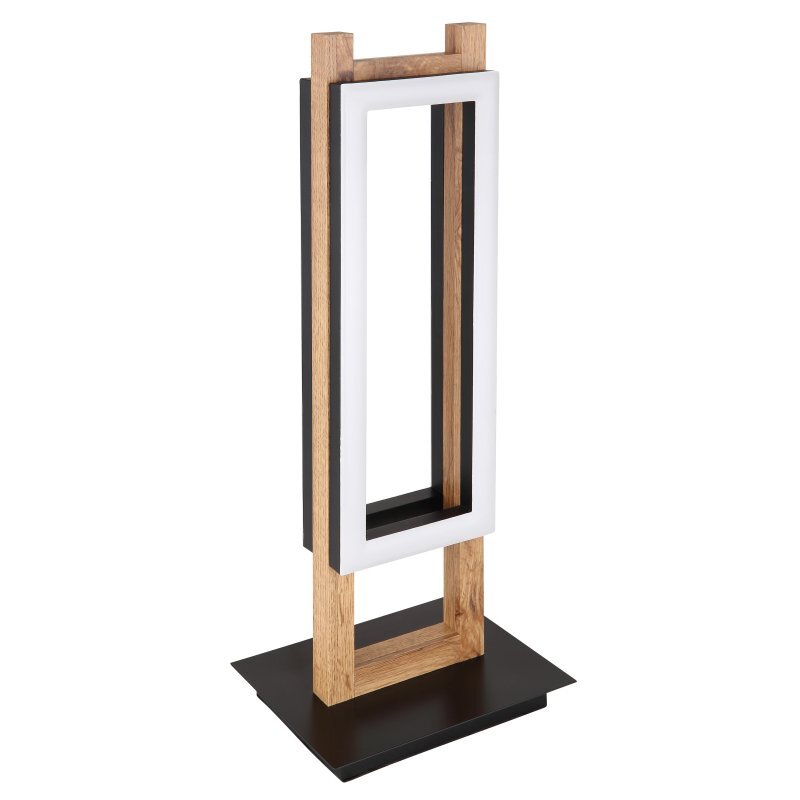 Lampa stołowa o nowoczesnym designie, wykonana z czarnego matowego metalu i drewna MDF. Posiada prostokątną ramę z wbudowanym źródłem światła LED.