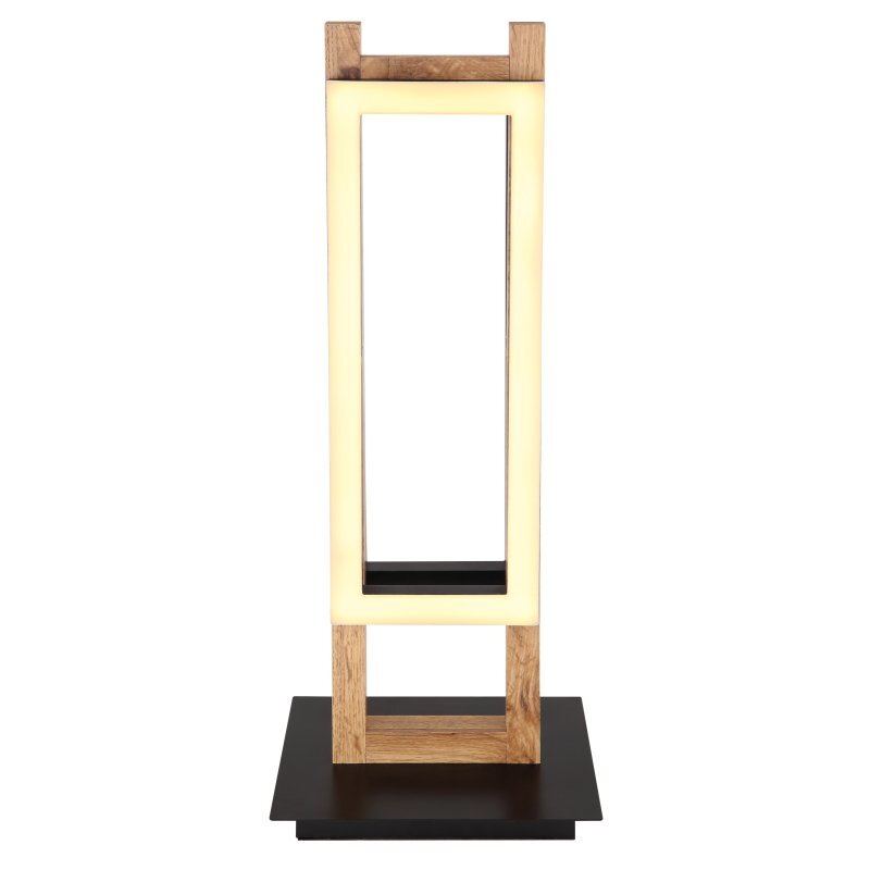 Lampa stołowa LED o prostokątnym kształcie, wykonana z czarnego matowego drewna MDF, z podświetlanymi krawędziami w ciepłym odcieniu. Podstawa lampy jest płaska i również czarna.