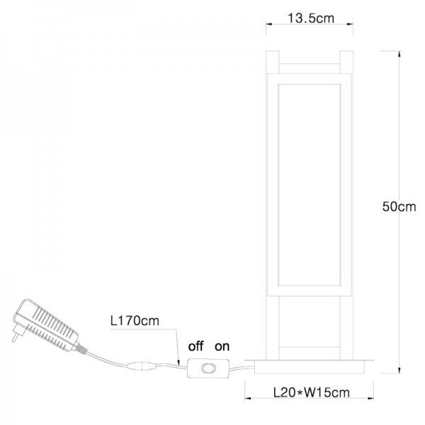 Schemat lampy stołowej z wymiarami: wysokość 50 cm, szerokość 13,5 cm, podstawa 20x15 cm. Widoczny jest przewód z włącznikiem oznaczonym jako \'off\' i \'on\', o długości 170 cm.