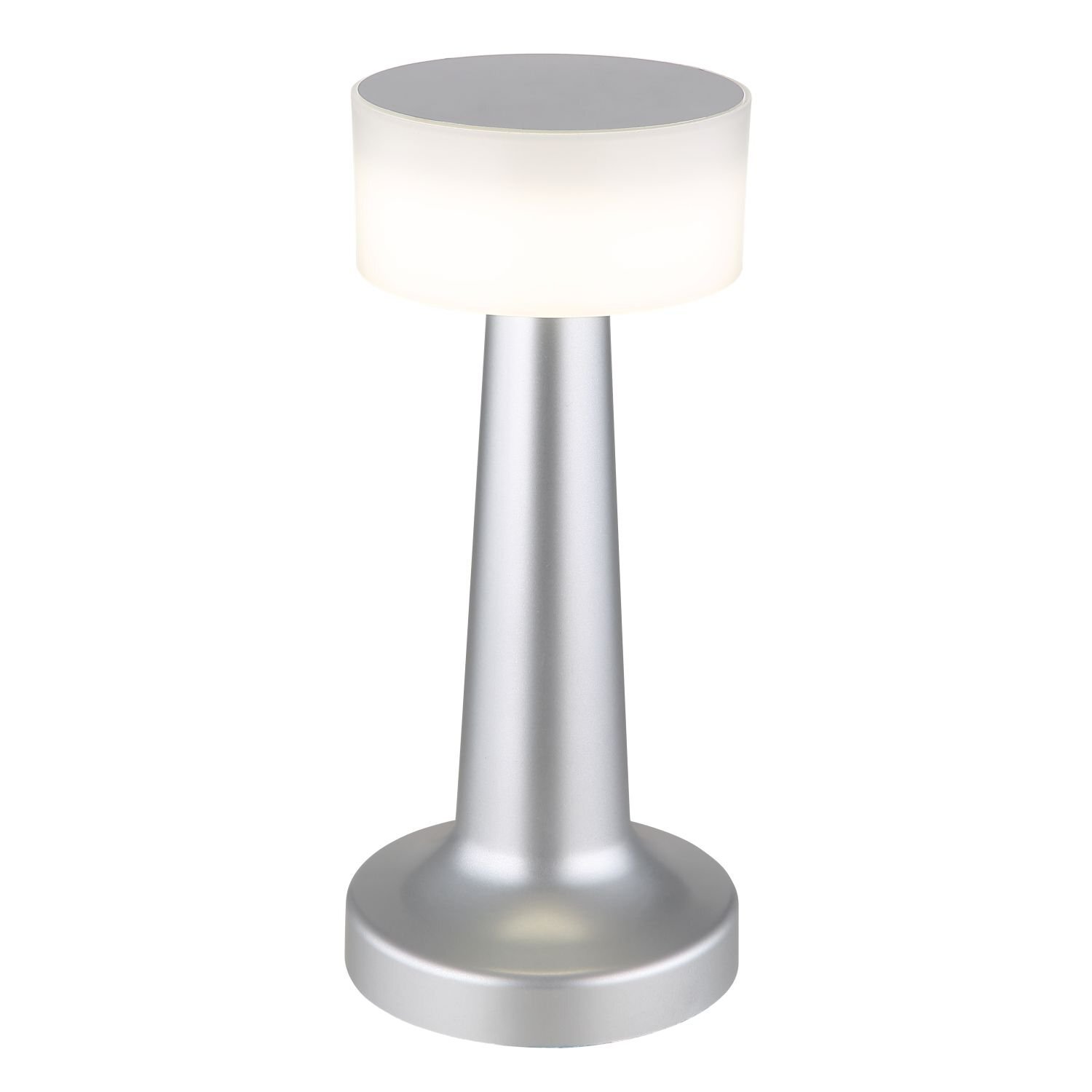Lampa stołowa LED o srebrnej podstawie i białym, cylindrycznym kloszu. Produkt ma nowoczesny design i jest energooszczędny.