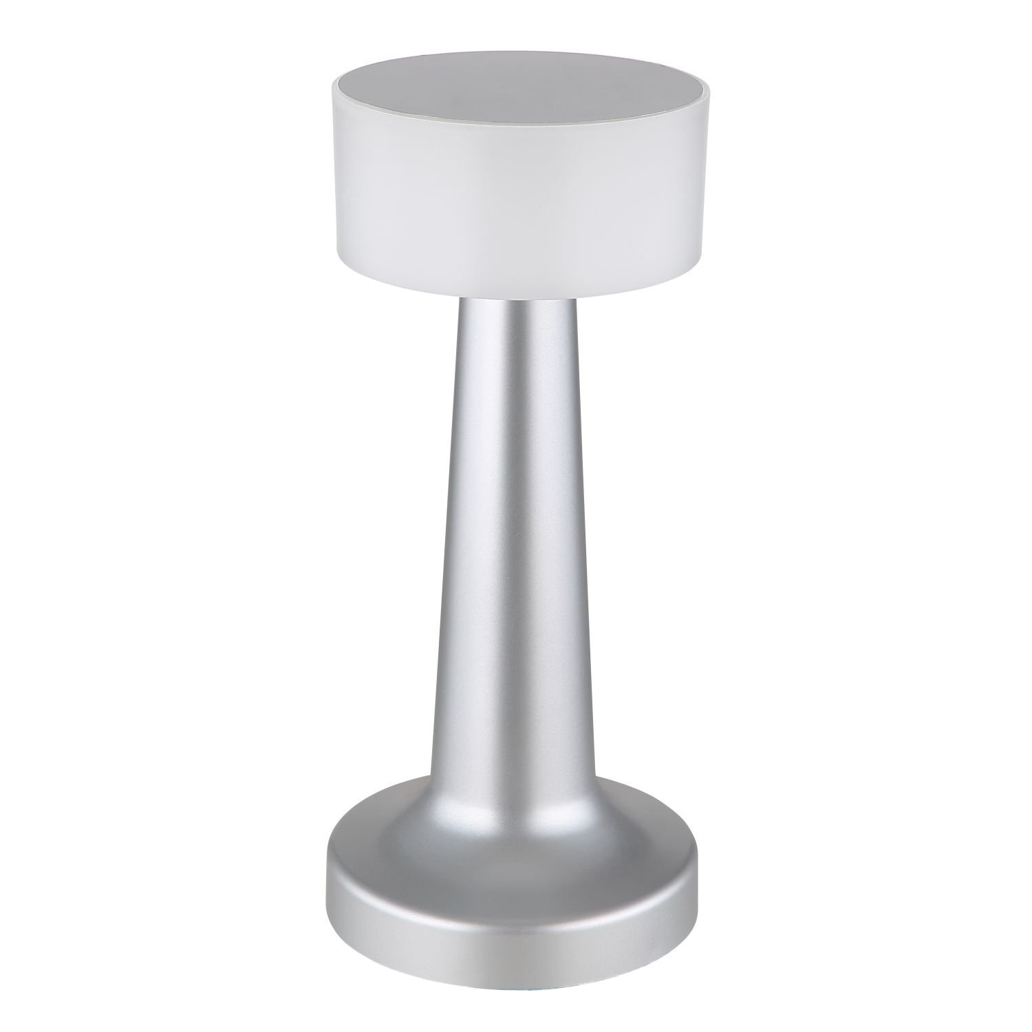 Na obrazie widoczna jest srebrna lampa stołowa o nowoczesnym designie, z cylindrycznym kloszem i stożkową podstawą.