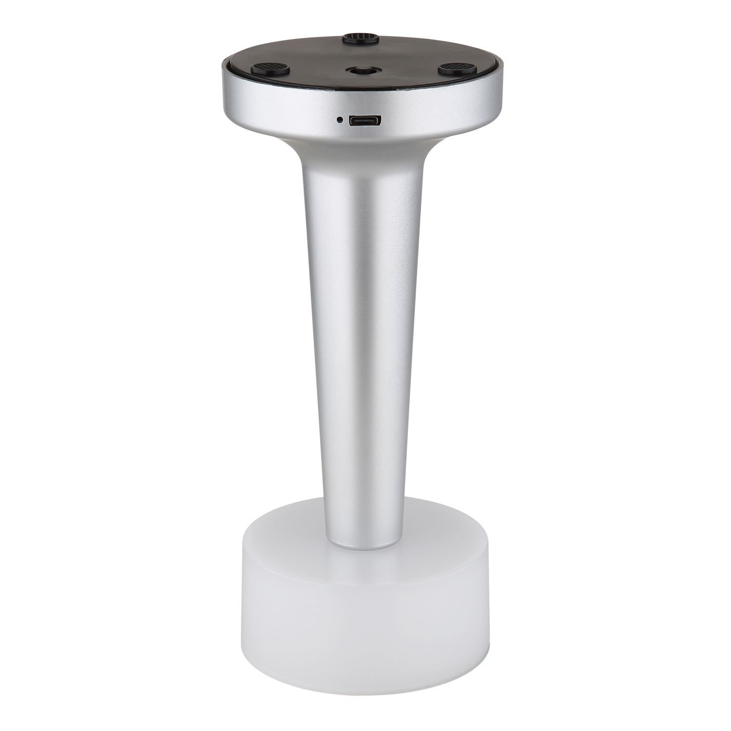 Lampa stołowa LED o nowoczesnym designie, z metaliczną podstawą i białym, cylindrycznym kloszem. Na górze znajduje się port USB oraz przyciski sterujące.