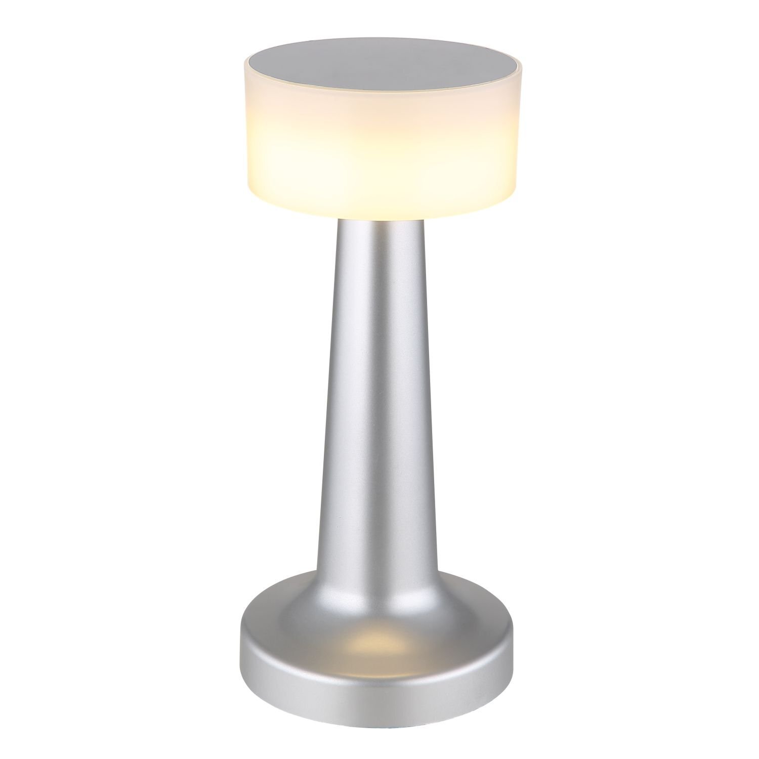 Srebrna lampa stołowa LED o nowoczesnym designie z cylindrycznym kloszem emitującym ciepłe światło. Podstawa lampy jest szeroka i stabilna.