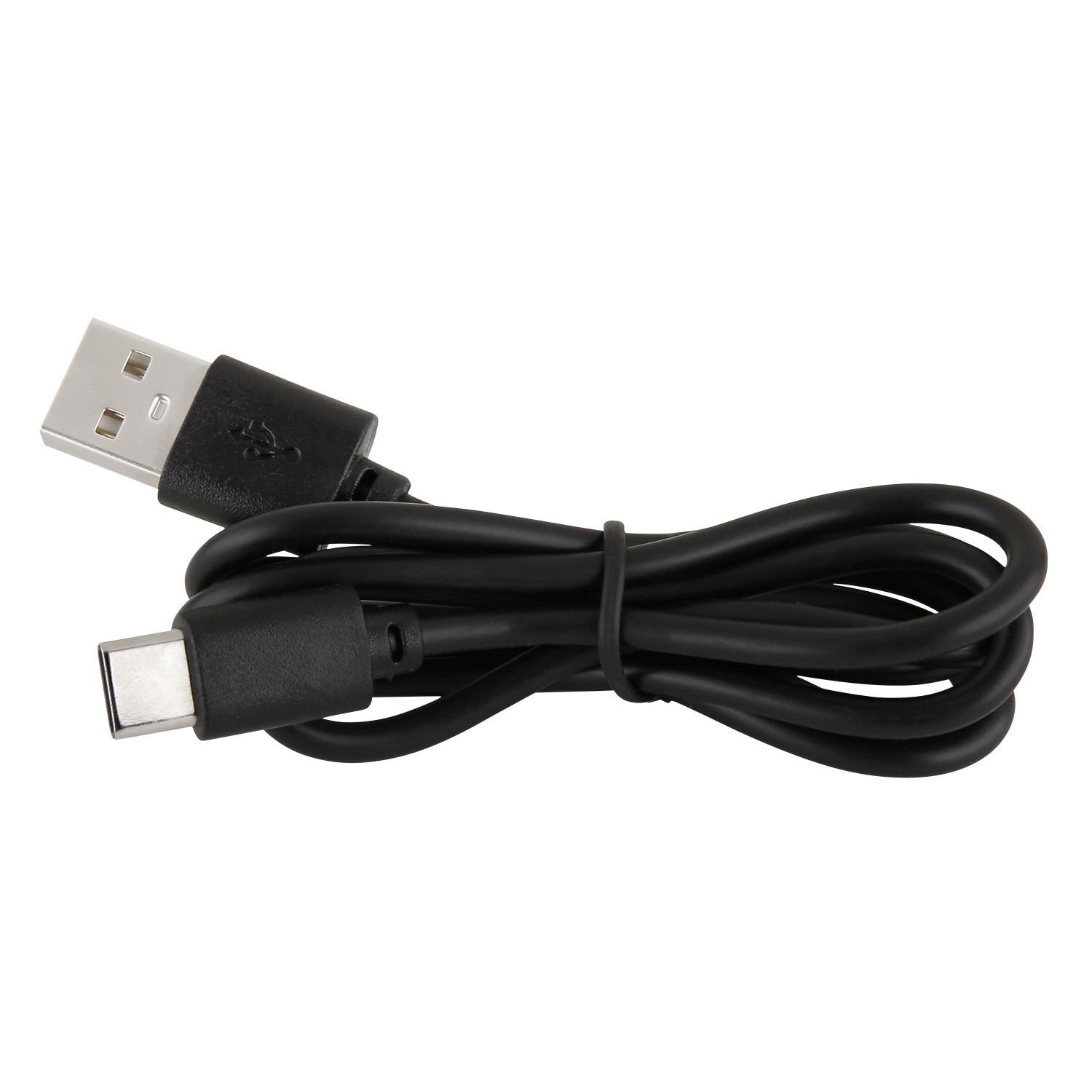 Czarny kabel USB z końcówkami USB-A i USB-C, zwinięty i zabezpieczony opaską.