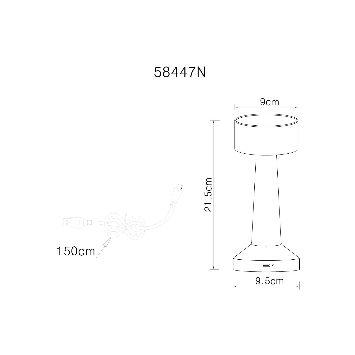 Schemat lampy stołowej z wymiarami: wysokość 21,5 cm, średnica klosza 9 cm, średnica podstawy 9,5 cm. Długość kabla wynosi 150 cm, a model oznaczony jest jako 58447N.
