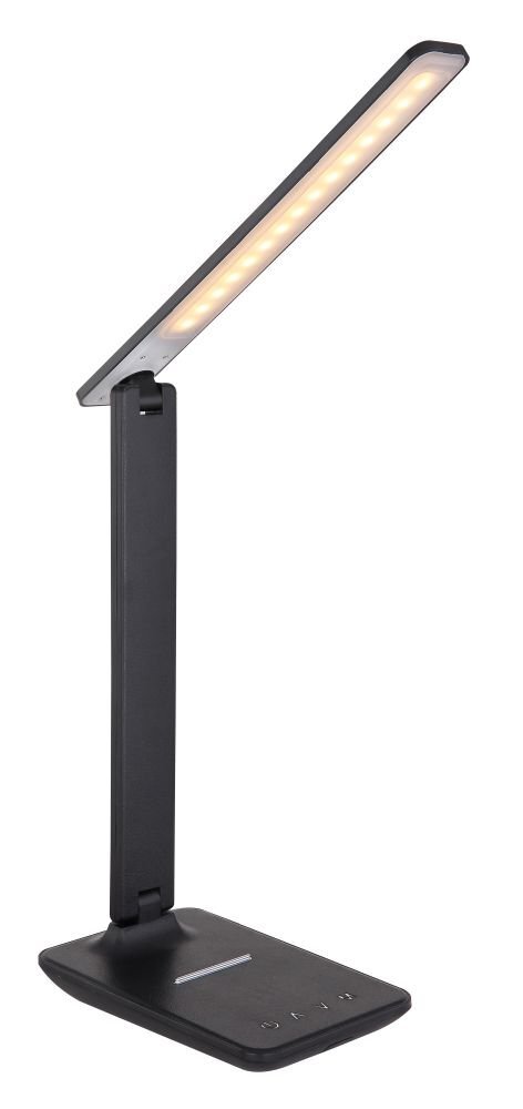Czarna lampa biurkowa LED z prostokątną podstawą i regulowanym ramieniem, na którym znajduje się panel świetlny. Na podstawie widoczne są przyciski dotykowe.