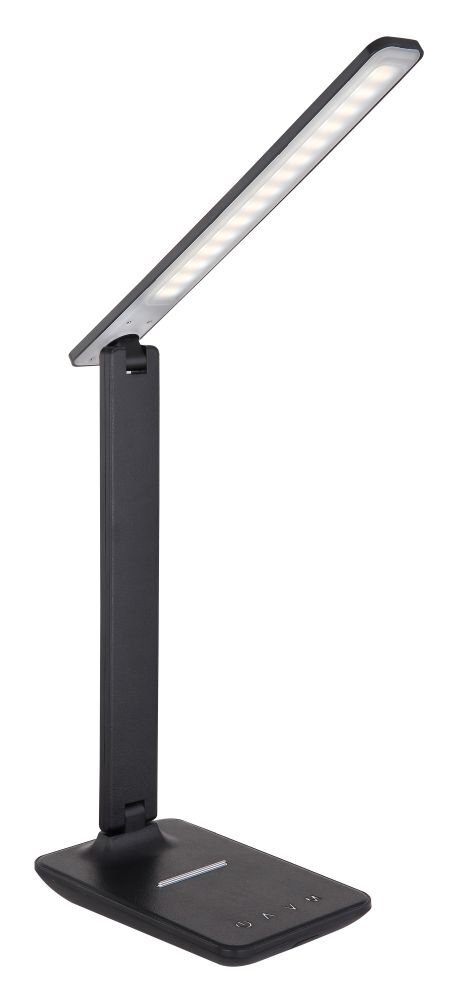 Czarna lampa biurkowa LED z prostokątną podstawą i regulowanym ramieniem. Na podstawie widoczne są przyciski dotykowe.