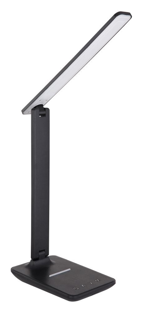Czarna lampa biurkowa LED z prostokątną podstawą i regulowanym ramieniem. Na podstawie widoczne są przyciski dotykowe.