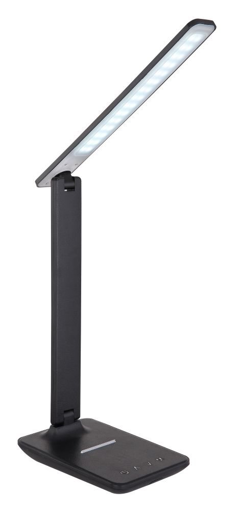 Czarna lampa biurkowa LED z prostokątną podstawą i regulowanym ramieniem. Na podstawie widoczne są przyciski dotykowe.