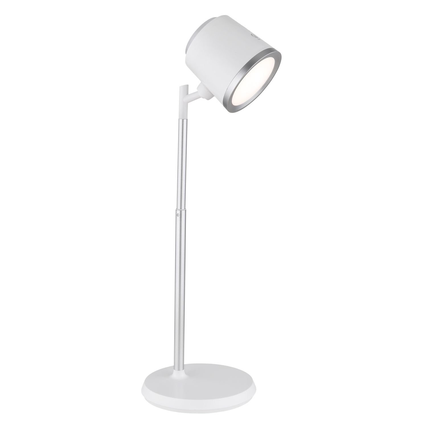 Biała lampa biurkowa LED o nowoczesnym designie z okrągłą podstawą i regulowanym ramieniem. Klosz lampy jest cylindryczny z metalicznym wykończeniem na krawędzi.