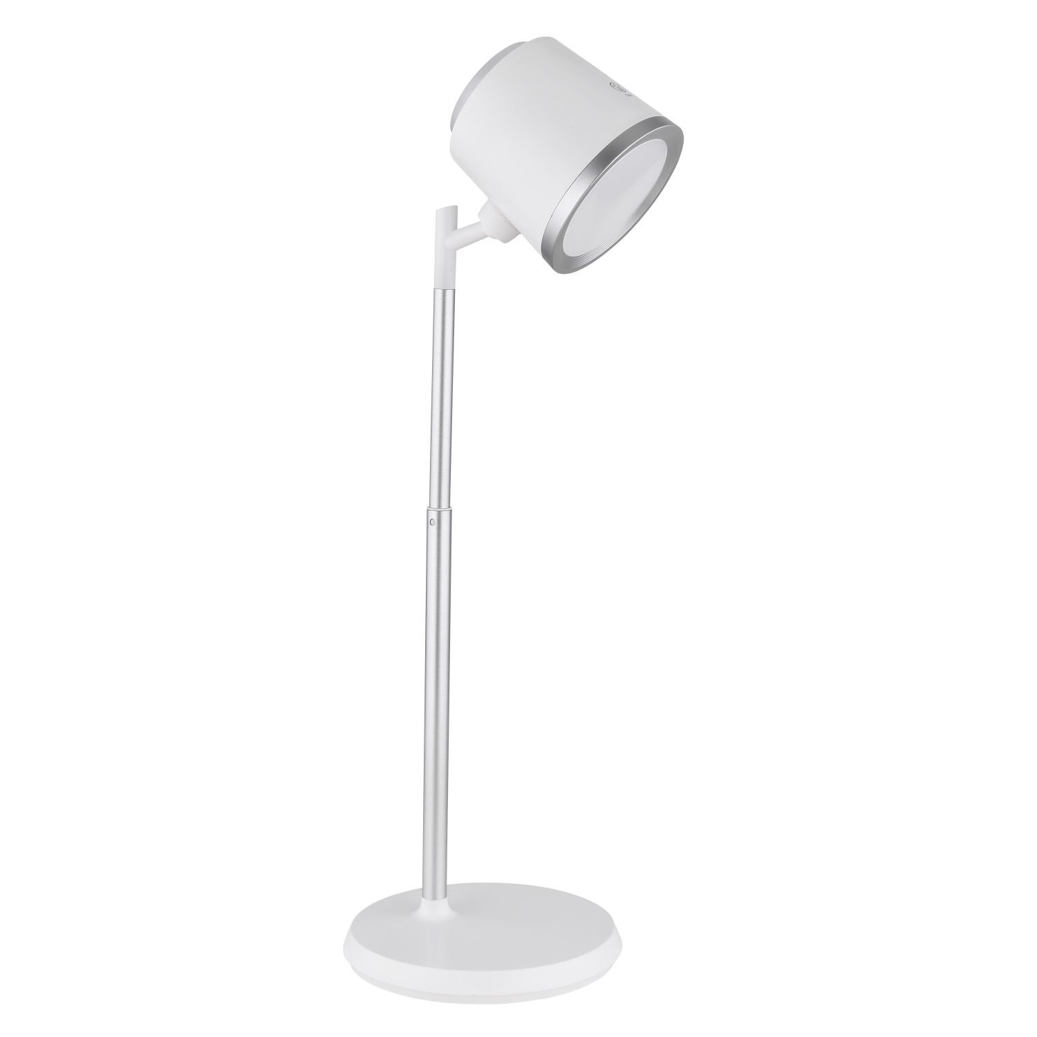 Biała lampa biurkowa LED z nowoczesnym designem, posiada okrągłą podstawę i regulowane ramię. Klosz lampy jest cylindryczny z metalicznym wykończeniem na krawędzi.