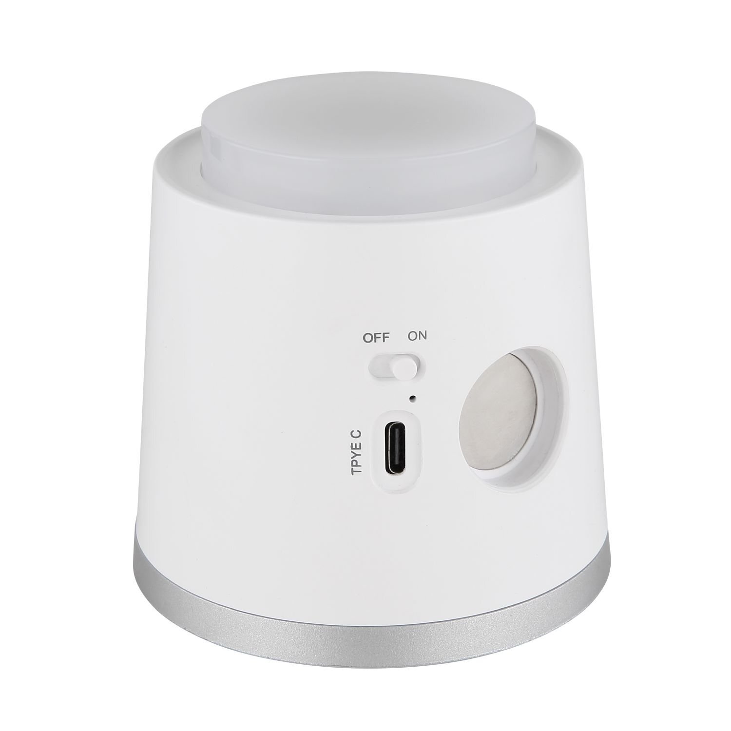 Biała, cylindryczna lampa z włącznikiem oznaczonym jako \'OFF\' i \'ON\', oraz portem \'TYPE C\'.