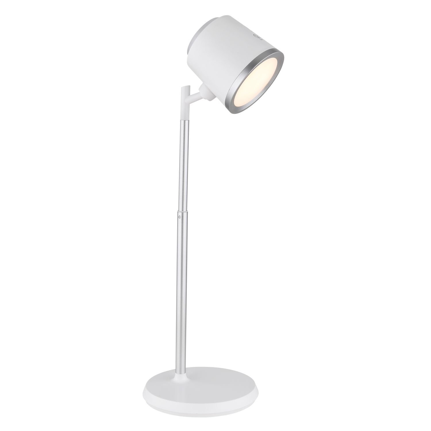 Biała, nowoczesna lampa biurkowa LED z okrągłą podstawą i regulowanym ramieniem. Klosz lampy jest cylindryczny z metalicznym wykończeniem na krawędzi.
