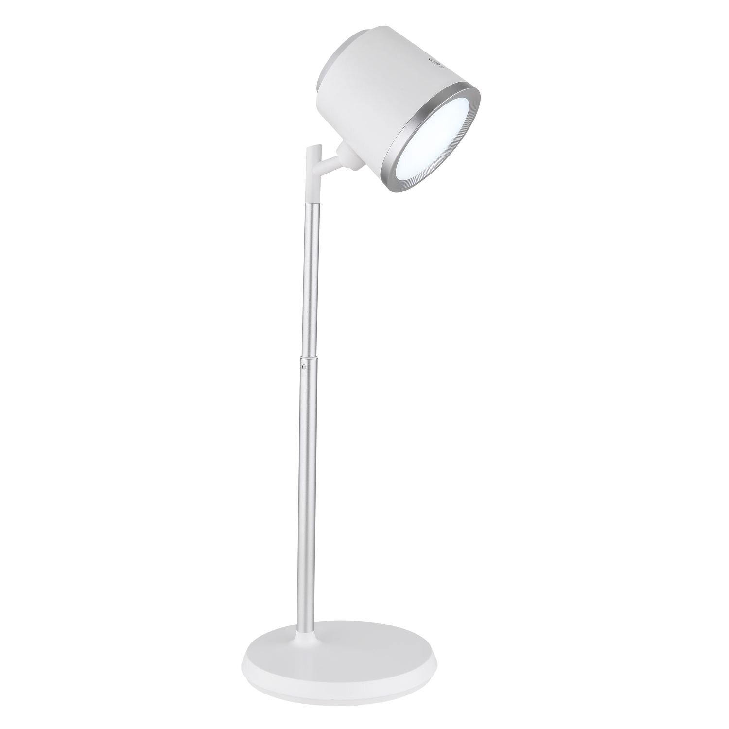 Biała lampa biurkowa LED z nowoczesnym designem, posiada okrągłą podstawę i regulowane ramię. Klosz lampy jest cylindryczny z metalicznym wykończeniem na krawędzi.