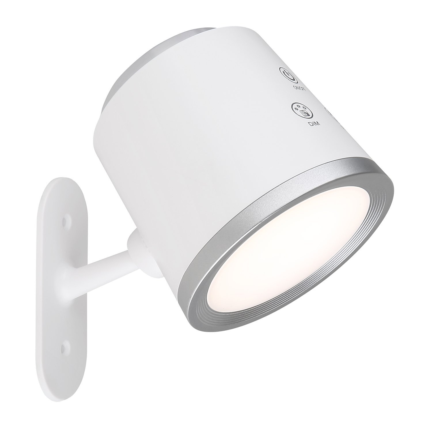 Biała lampa LED z okrągłym kloszem i srebrnym wykończeniem, zamontowana na ścianie. Na obudowie widoczne są symbole włącznika i regulacji jasności.