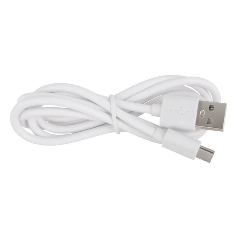 Biały kabel USB z końcówką USB-A i USB-C, zwinięty i spięty plastikową opaską.
