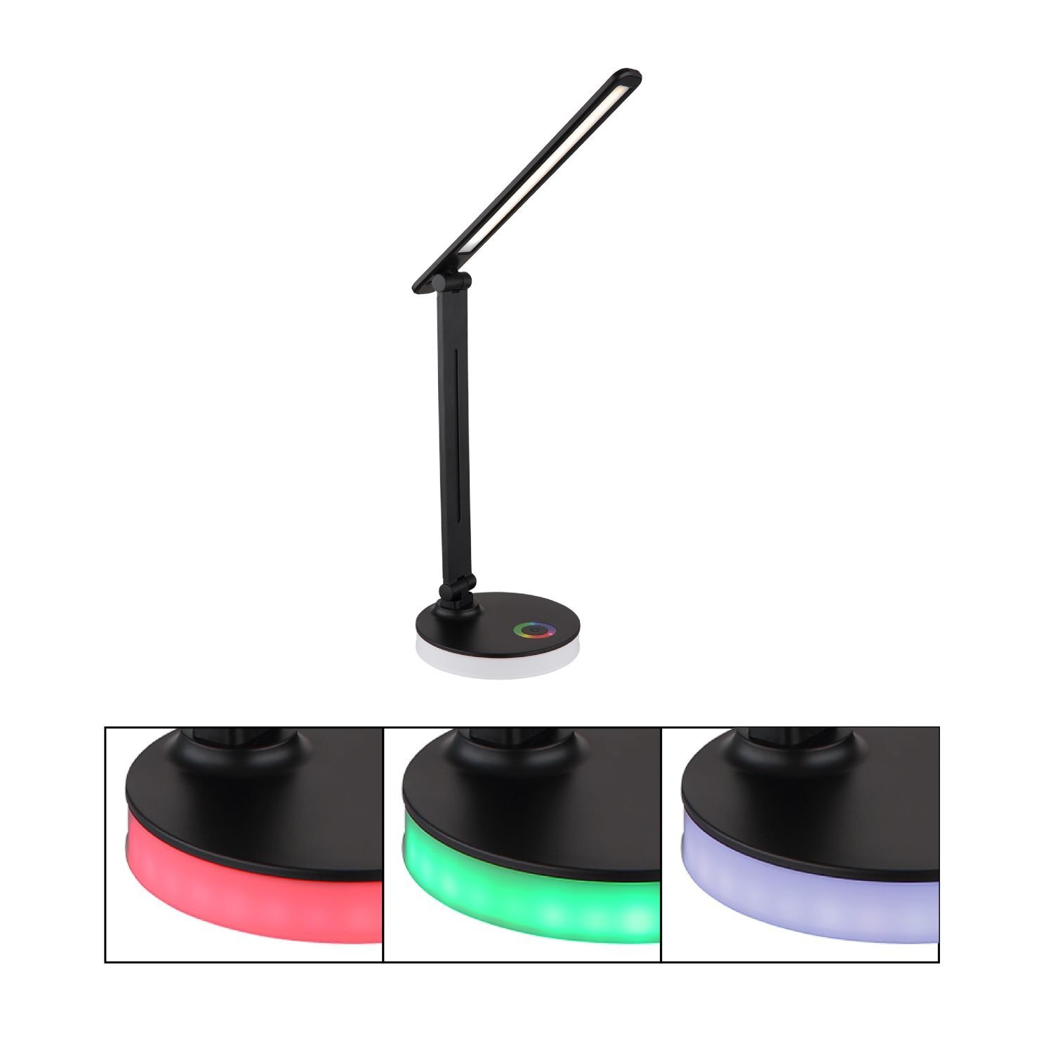 Czarna lampa biurkowa LED z okrągłą podstawą, na której znajduje się kolorowy przycisk dotykowy. Podstawa lampy może świecić w różnych kolorach: czerwonym, zielonym i niebieskim.