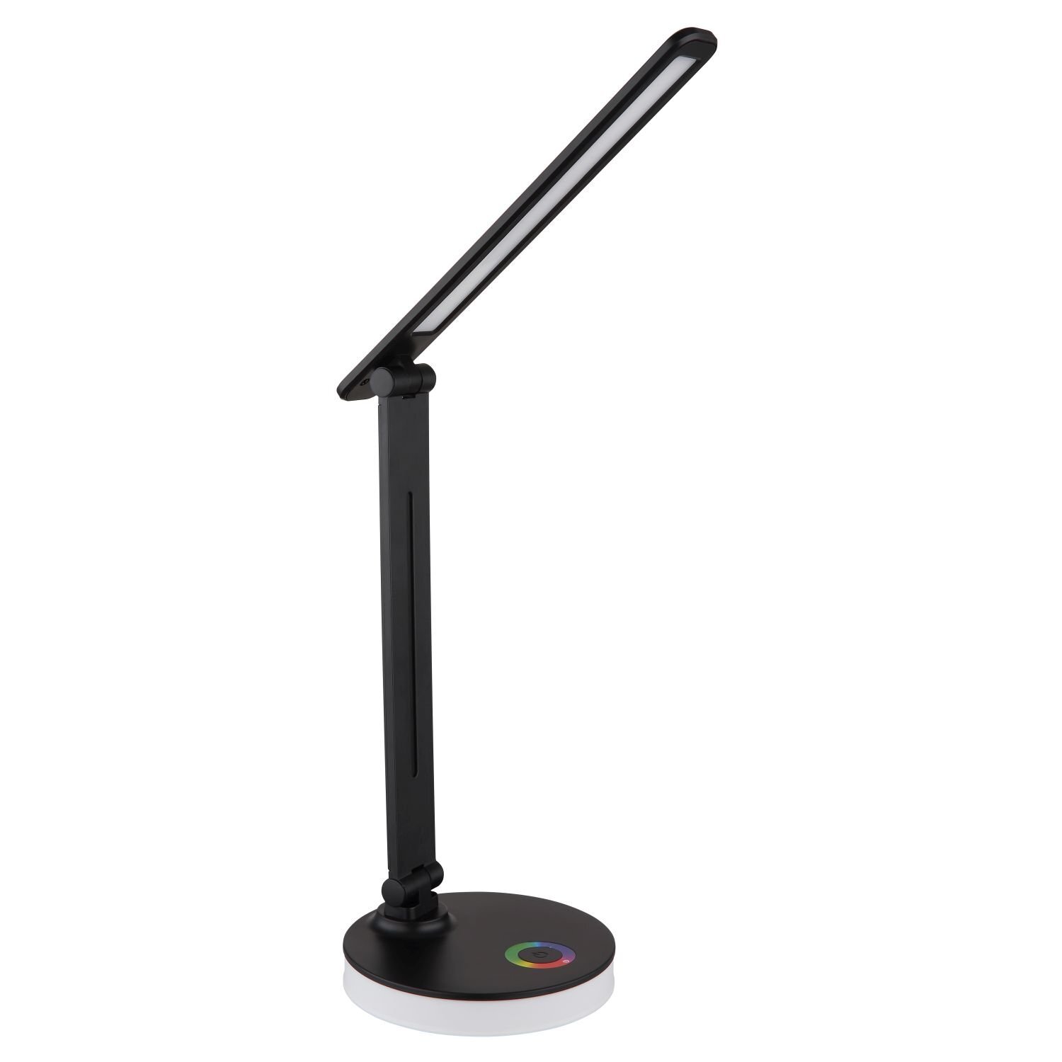 Czarna lampa biurkowa LED z regulowanym ramieniem i okrągłą podstawą, na której znajduje się kolorowy przycisk dotykowy.