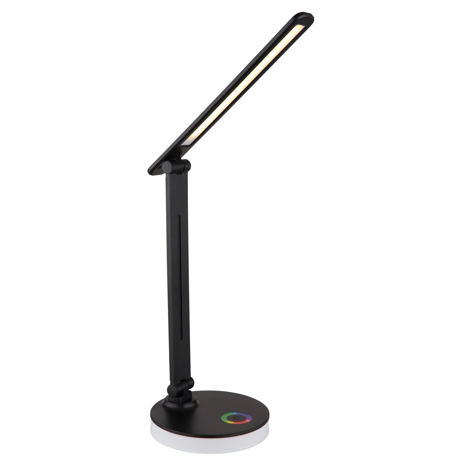 Czarna lampa biurkowa LED z prostokątnym, regulowanym ramieniem i okrągłą podstawą. Na podstawie znajduje się kolorowy przycisk dotykowy.