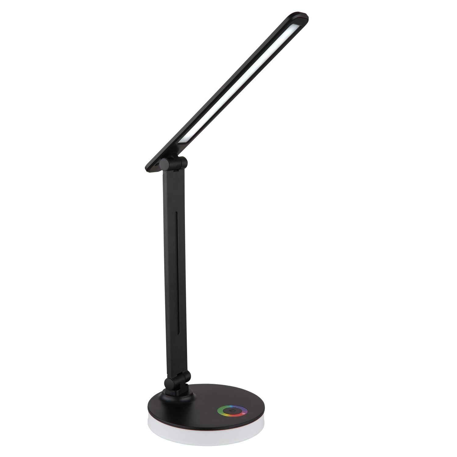 Czarna lampa biurkowa LED z regulowanym ramieniem i okrągłą podstawą. Na podstawie znajduje się kolorowy przycisk dotykowy.