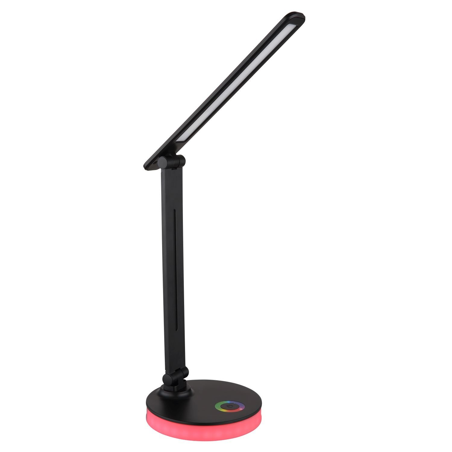 Czarna lampa biurkowa LED z regulowanym ramieniem i okrągłą podstawą, która świeci na różowo. Na podstawie znajduje się okrągły, kolorowy przycisk dotykowy.