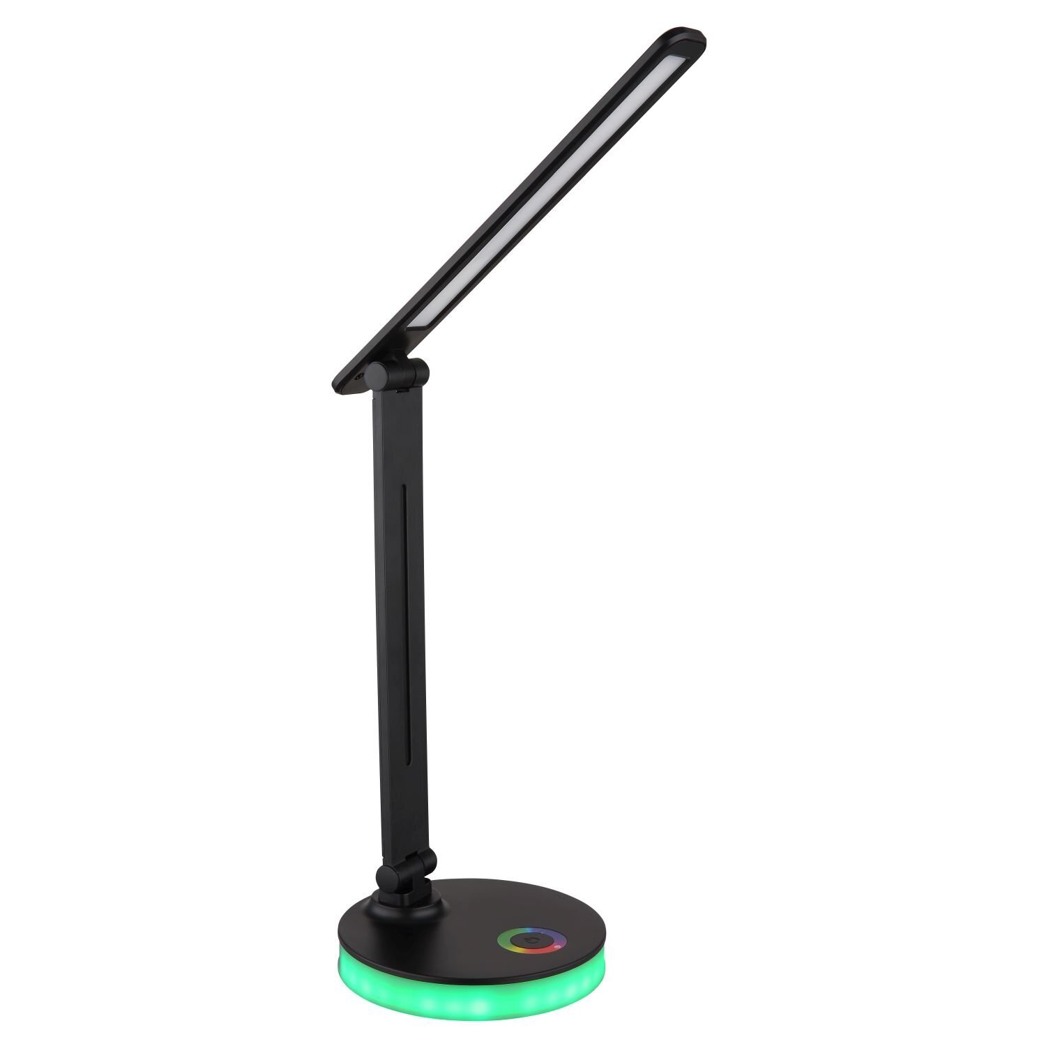 Czarna lampa biurkowa LED z regulowanym ramieniem i okrągłą podstawą, która świeci na zielono. Na podstawie znajduje się kolorowy przycisk dotykowy.