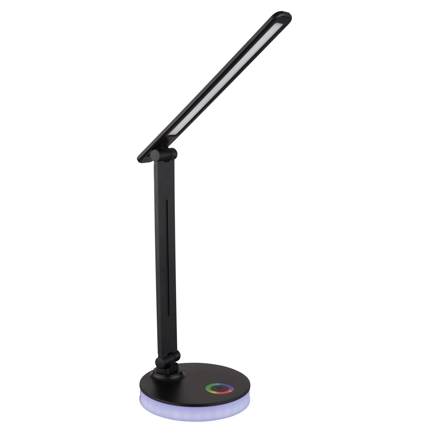 Czarna lampa biurkowa LED z regulowanym ramieniem i okrągłą podstawą, na której znajduje się kolorowy przycisk dotykowy. Podstawa emituje delikatne, białe światło.