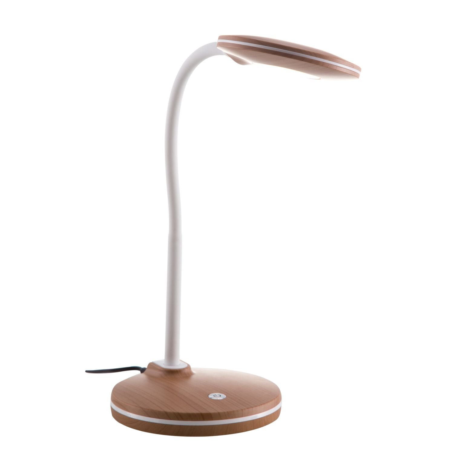 Nowoczesna lampa biurkowa LED z elastycznym ramieniem i okrągłą podstawą w drewnianym wykończeniu. Na podstawie widoczny jest przycisk dotykowy.