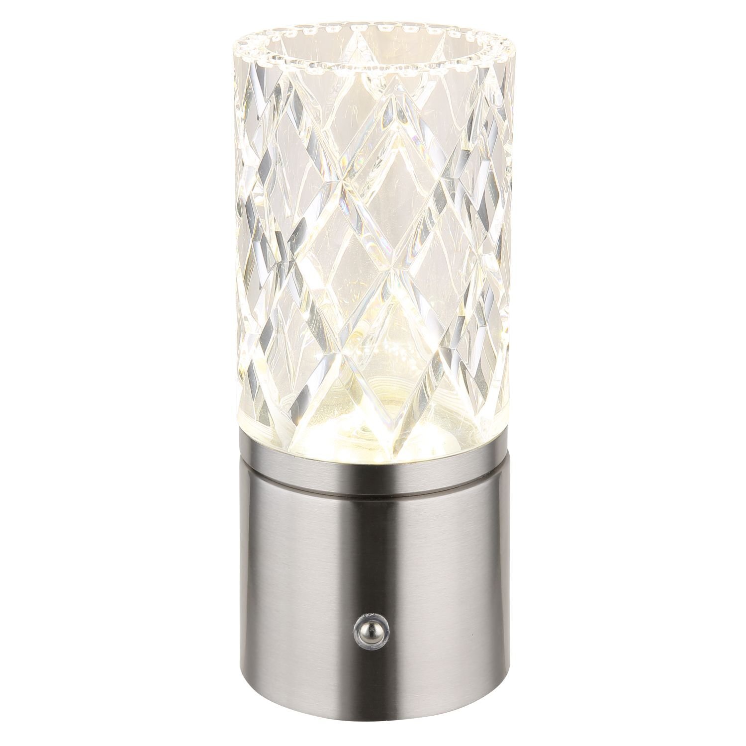 Lampa stołowa LED z cylindrycznym kloszem o wzorze diamentowym, osadzona na metalowej podstawie z przyciskiem. Światło emituje ciepły blask przez przezroczysty klosz.